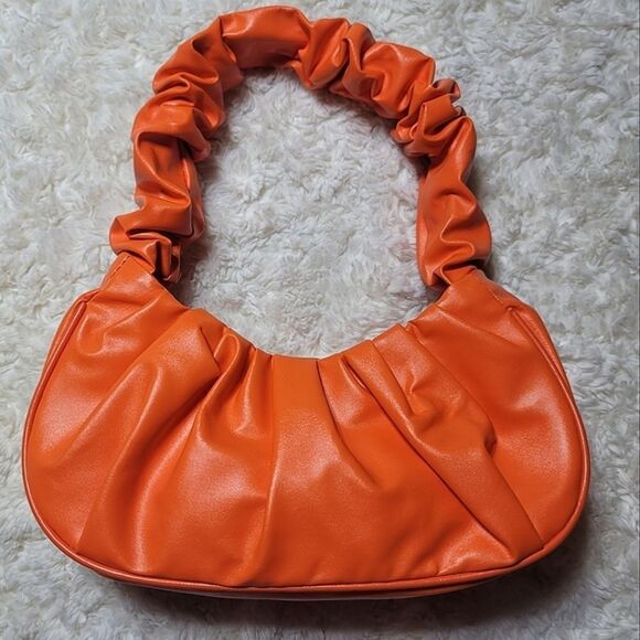 Orange Cloud Pleated Scrunch Vegan Leather Mini Banana Handbag - Picture 2 of 6
